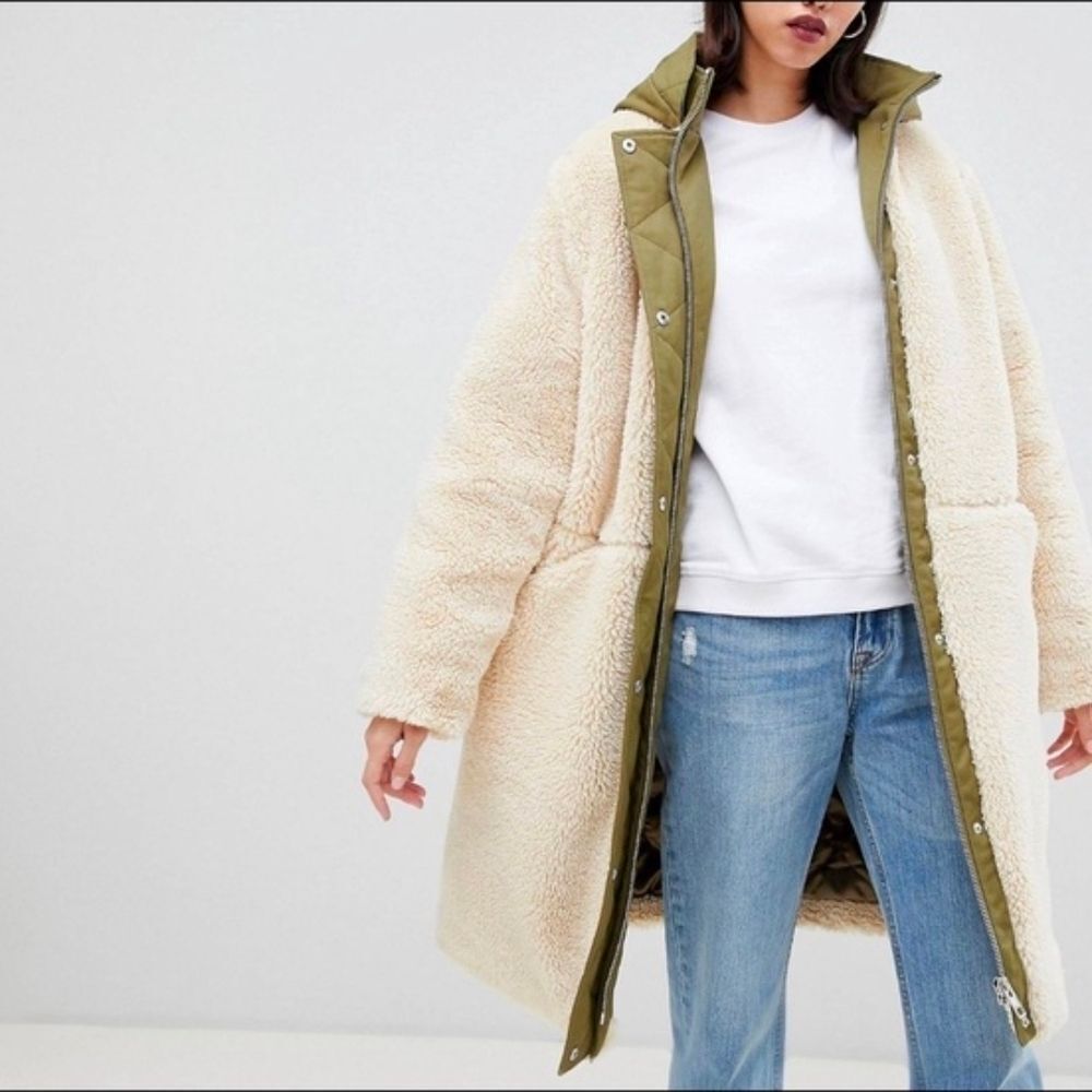 ASOS Sherpa Fleec Cream Teddy Coat with Olive Quilted Trim Women's Jacket